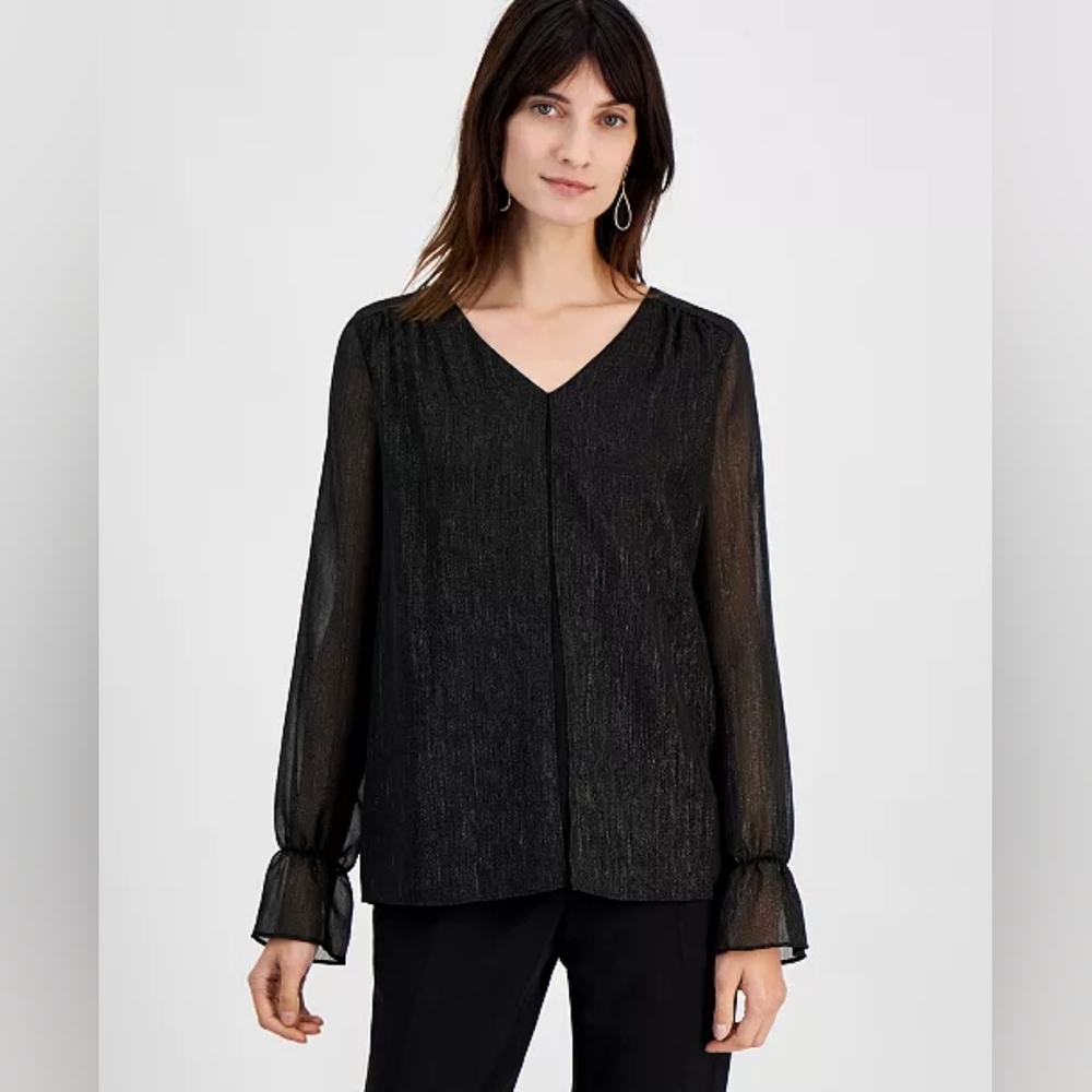 NWT - Kasper Gold Threaded Double Layer Split Front Shimmer Blouse- Size L
